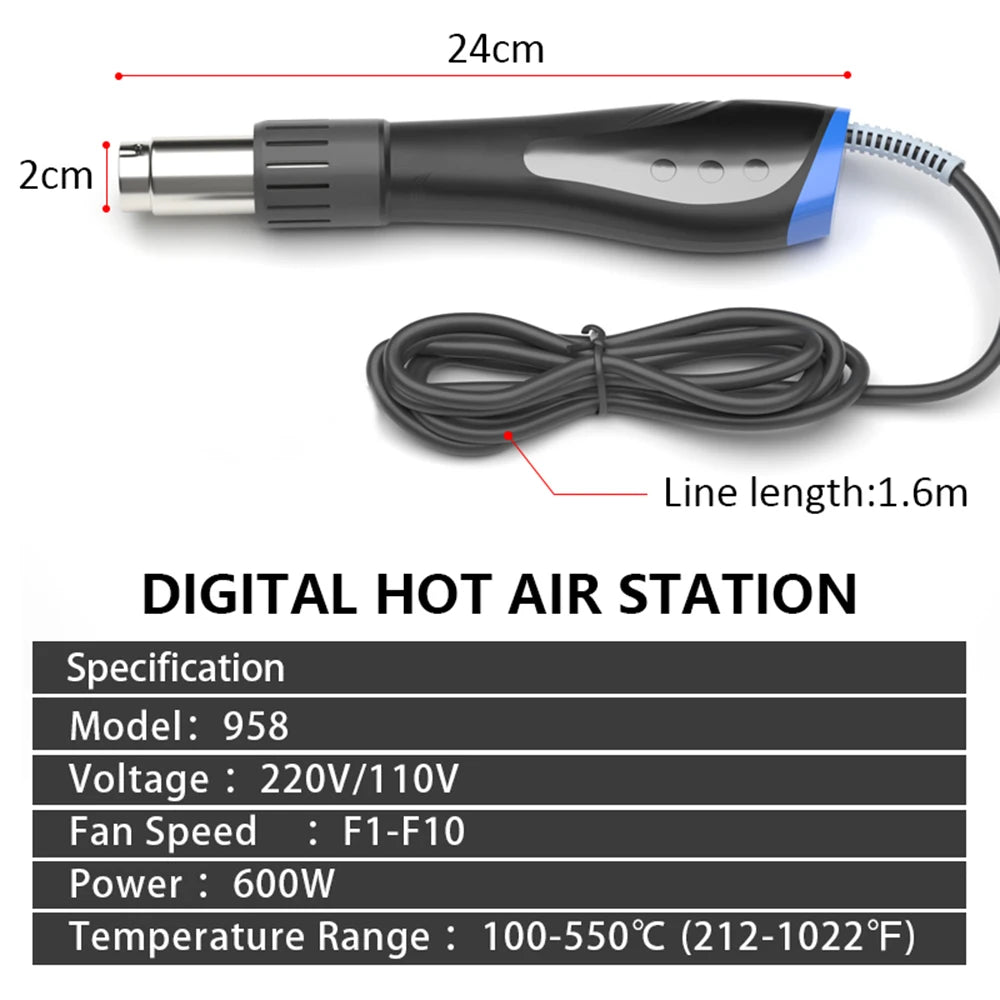 Handheld Hot Air Machine 600W Welding Tool Set 7 Nozzles LCD Digital Thermal Blower For Soldering SMD SMT Welding Repair Tool