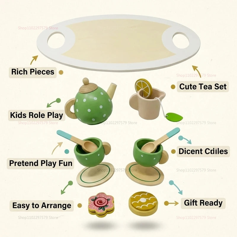 Kids Wooden Afternoon Tea Set Toys Kitchen Accessories for Tea Party Play Educational Pretend Food Gift for Girls Boys Toddlers