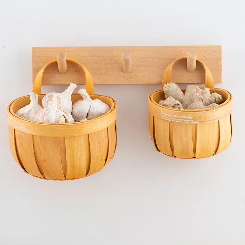 Kitchen Hanging Garlic Storage Basket Rattan Organizer Ginger Onion Vegetable Basket Wall Mounted Cabinet Door Hanging Bin