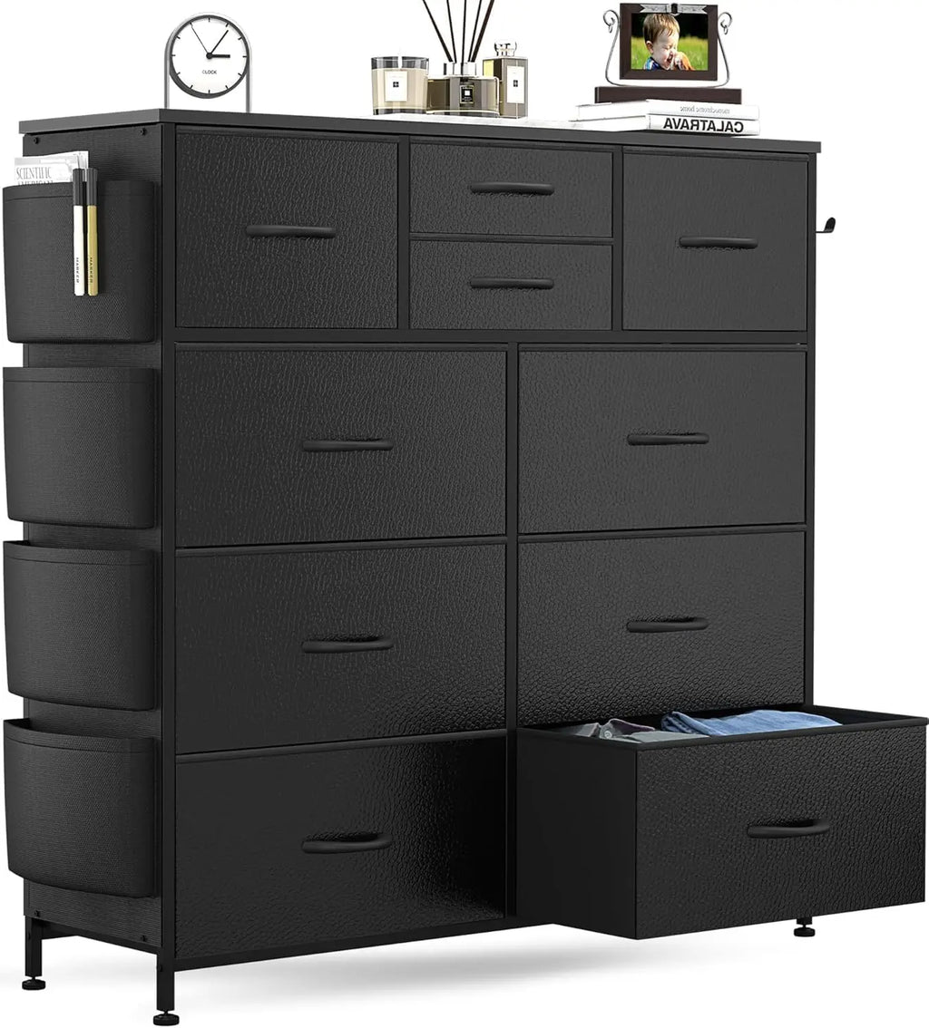Dresser for Bedroom Chest of Drawers with Side Pockets and Hooks, Fabric Storage Organizer Unit for Living Room, Hallway, Closet