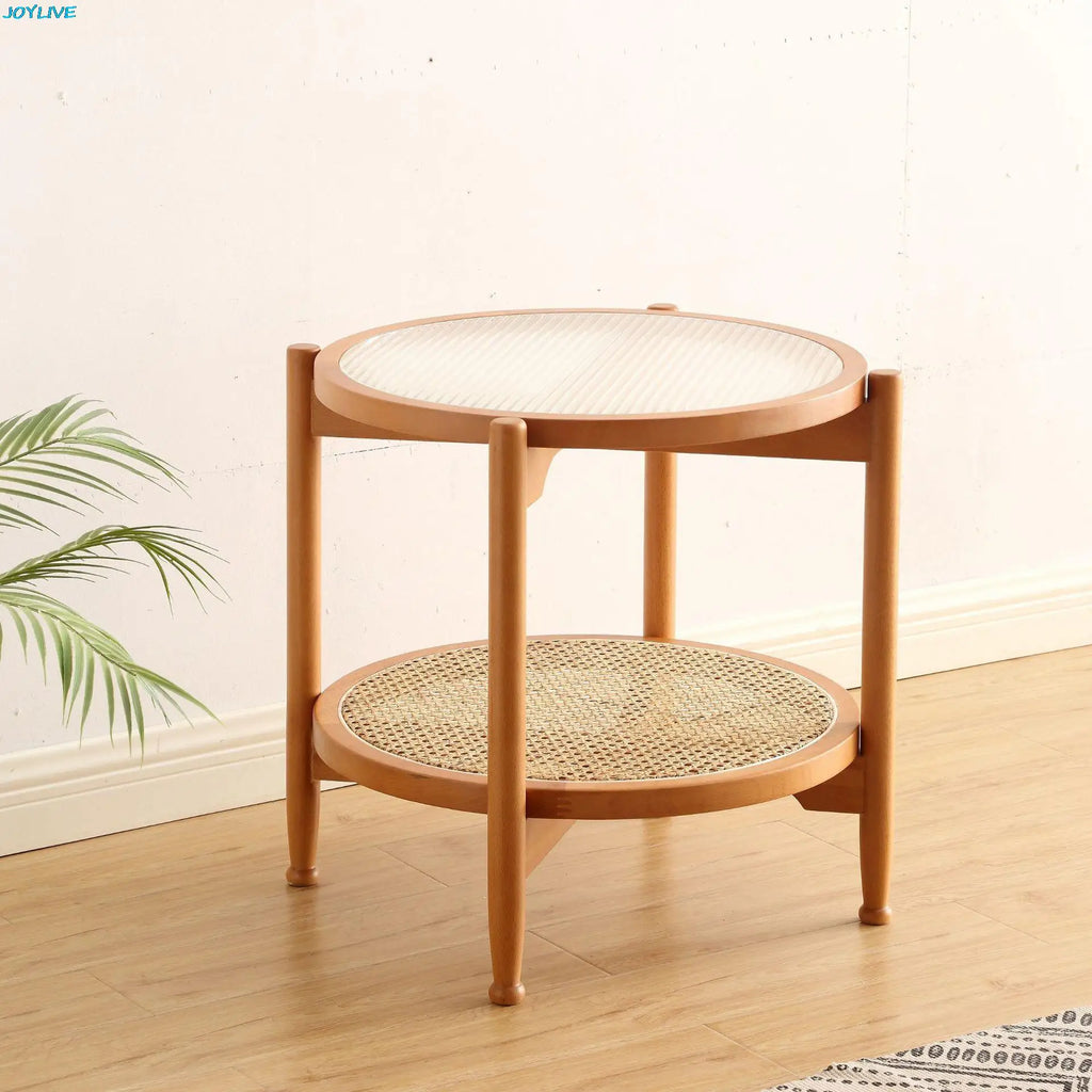 JOYLIVE Rattan Coffee Table Japanese Double Layer Detachable Solid Wood Table Glass Round Home Small Table 2022 New Dropshipping