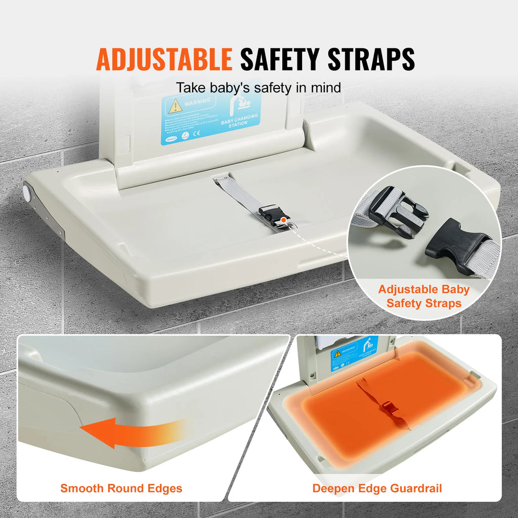 SucceBuy Wall-Mounted Baby Changing Station Horizontal Foldable Diaper Change Table Safety Straps and Hanging Rods for Newborns