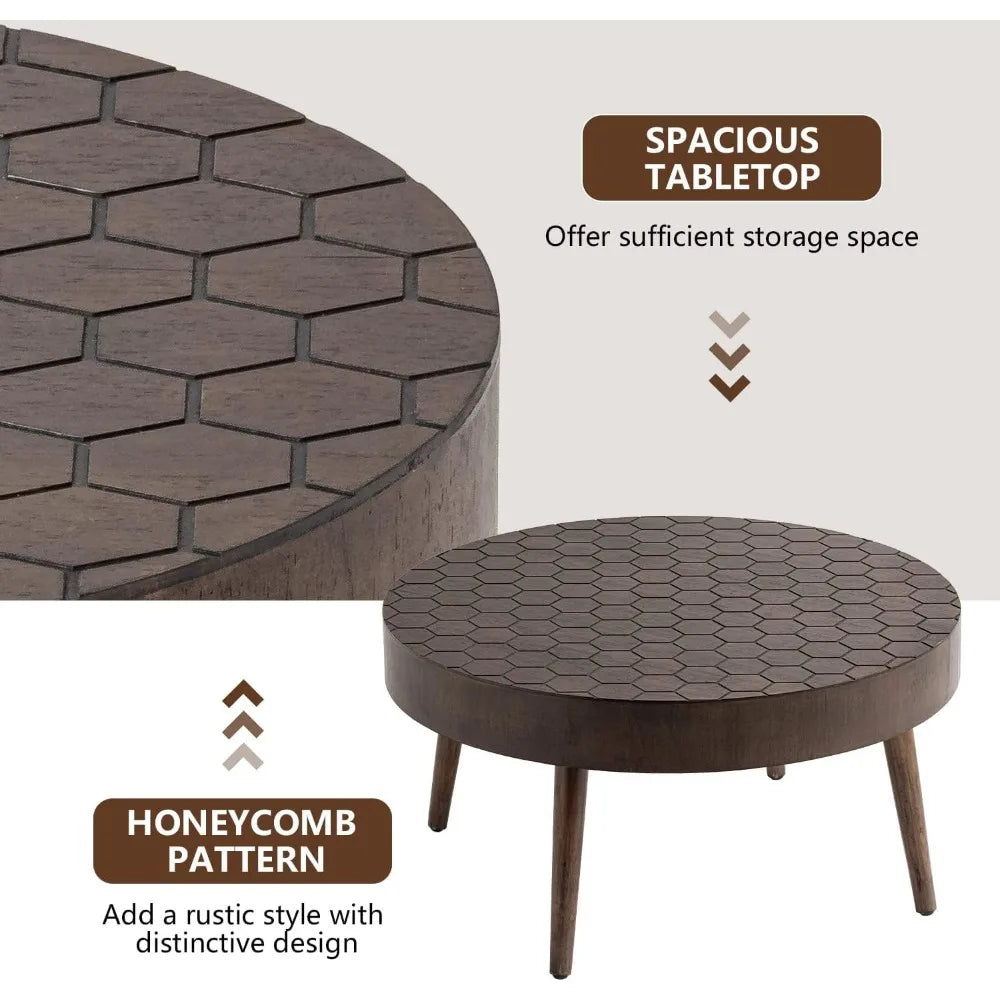 Round Coffee Table Set of 2, Nesting Tables with Honeycomb Pattern, Modern End Table for Living Room, Farmhouse, Brown