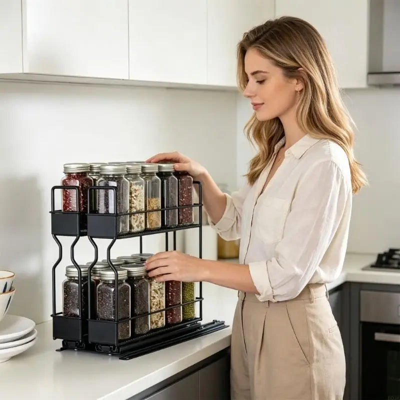 Two Kitchen Seasoning Holder With 2 Level Storage Space Durable Carbon Steel Structure For Cabinets And Pantries B03E