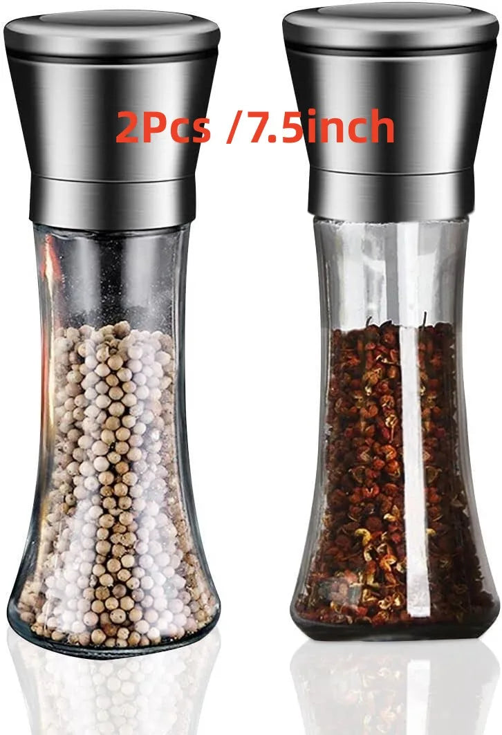 Salt and Pepper Grinder Set , Salt and Pepper Grinder Set, Stainless Steel and Glass Body Shakers, Adjustable Coarseness  2 Pack