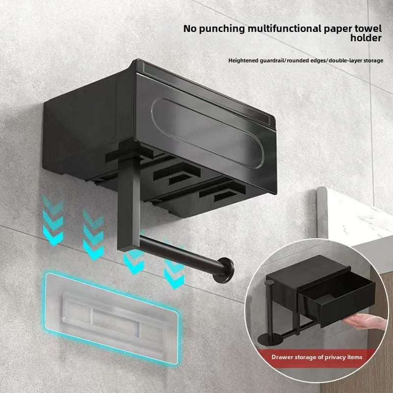 1pc Sleek Black Wall - Mounted Toilet Paper Holder with Shelf - No - Drill, Durable Bathroom Organizer for Essentials