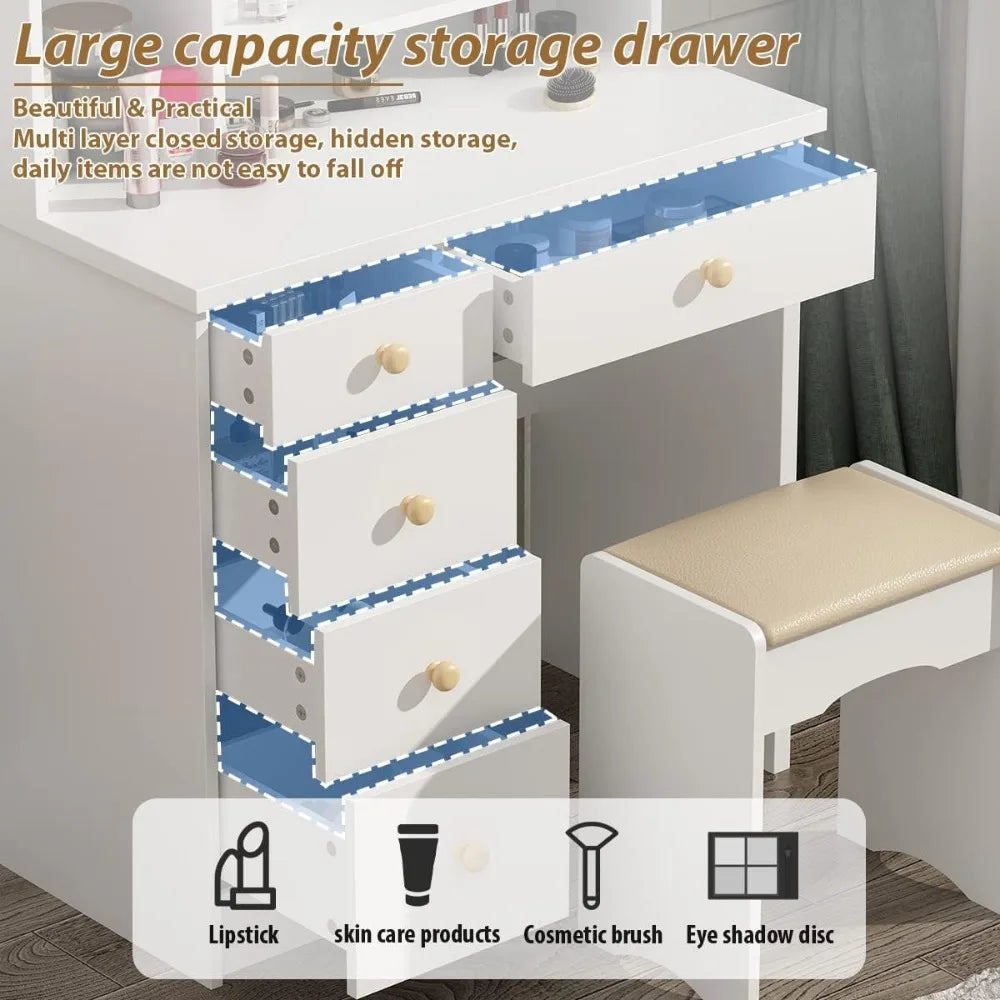 FUFU&GAGA White Vanity Set with Round Lighted Mirror, Makeup Vanity Dressing Table with 5 Drawers, Shelves, Dresser Desk and Cus