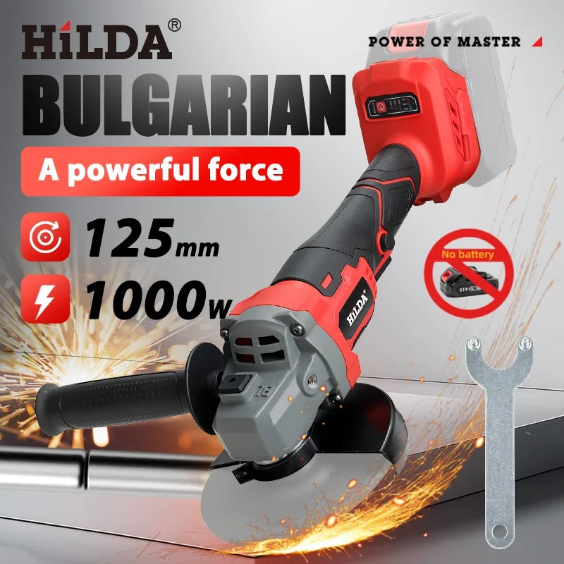 HILDA Brushless Electric Angle Grinder 125mm Cordless Grinder Metal Wood Grinding Polishing Cutting Power Tool For Makita 18V