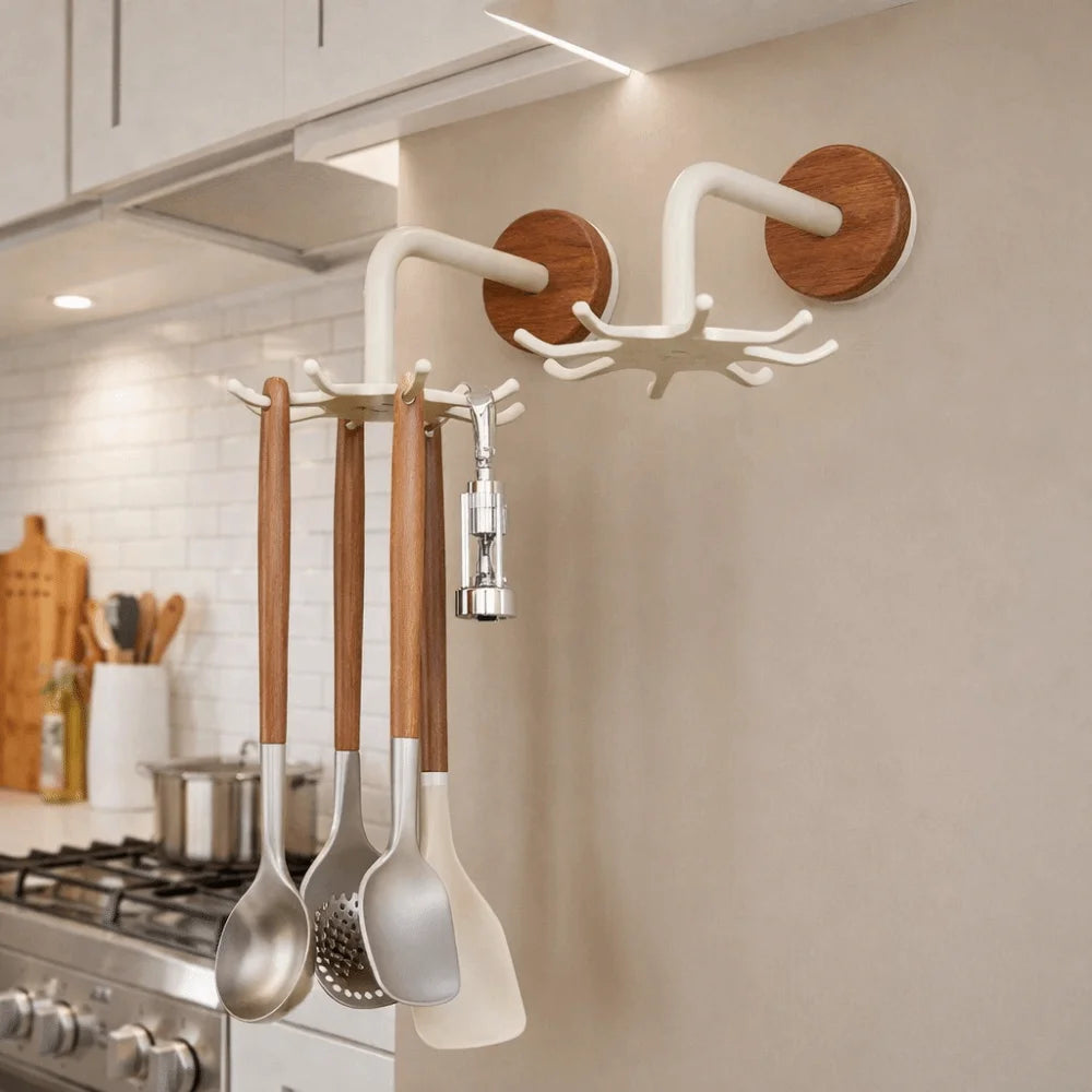 No Drill Kitchen Storage Rack Wall Mounted Anti Drop 360 Rotating Hooks Space Saving Utensil Organizer for Kitchenware