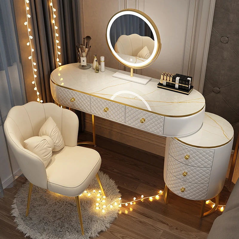 Nordic vanity chair white bedroom LED light Dresser storage cabinet makeup Dressing table light mirror stool bedroom furniture