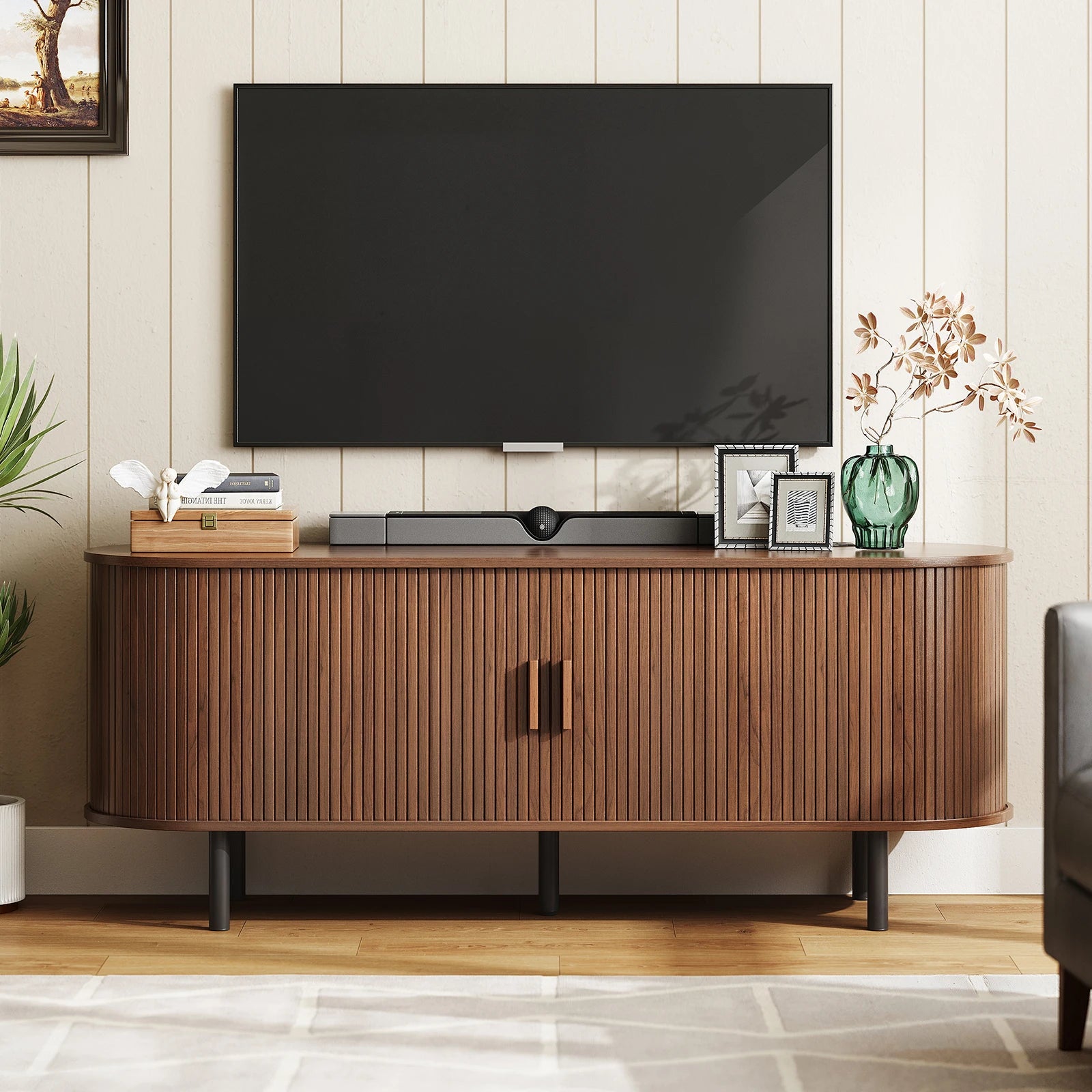 TV Stand with Power Outlet & Sliding Doors