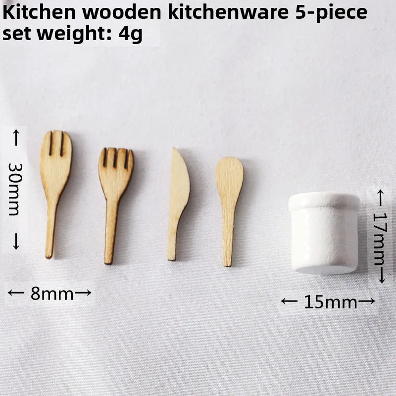 Miniature Dollhouse Kitchen Tools Set Wooden Spatula Knife Fork Egg Beater Jar For Home Decor Photography Props Mini Toys