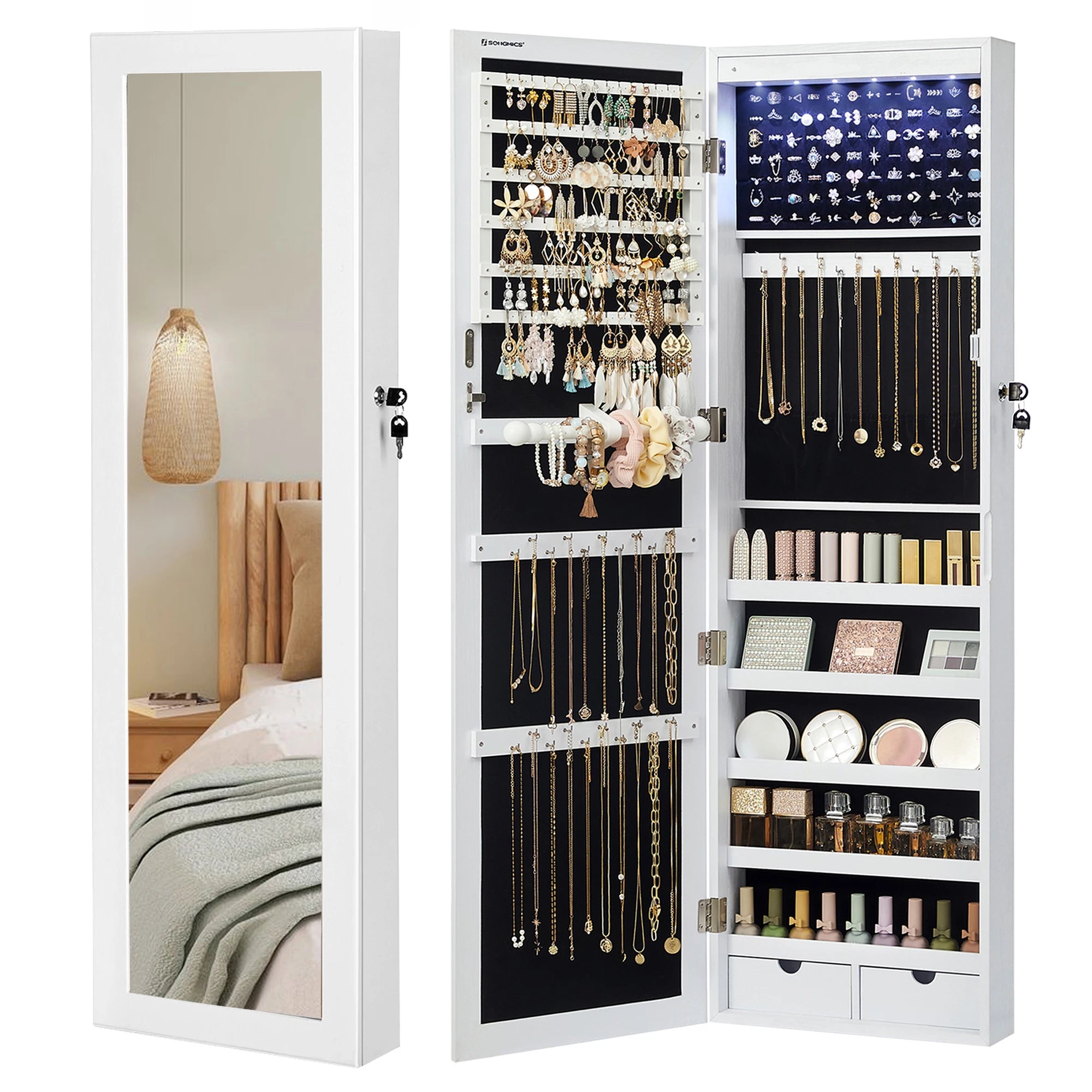 Armoire à Bijoux Mural pour Colliers, Boucles d'Oreilles, avec Miroir, Divers Compartiments, Verrouillable, Blanc