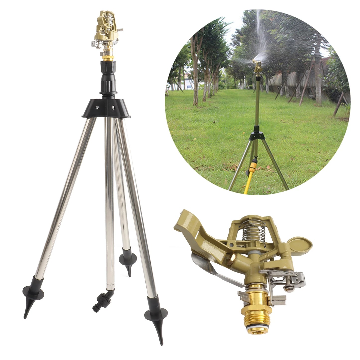 Impact Sprinkler On Spike Base Heavy Duty Zinc Alloy Water Sprinkler for Yard Lawn Garden 0-360° Rotate Large Area Coverage 1/2'