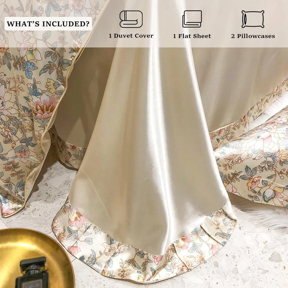 Floral Duvet Cover King Size, with Flat Sheet, 4 Pieces Satin Soft Bedding, 1 Breathable Duvet Cover 104x90 Inches, Bedding Set