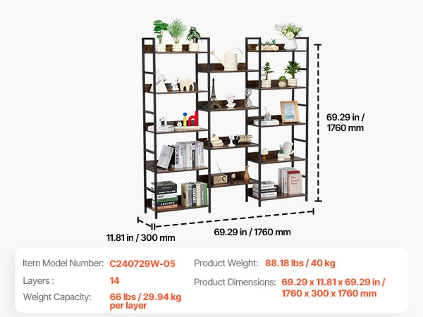 SucceBuy Metal Bookshelf 3-14-Tier Tall Industrial Bookshelf Vintage Display Storage Bookcase with Open Shelves for Home Office