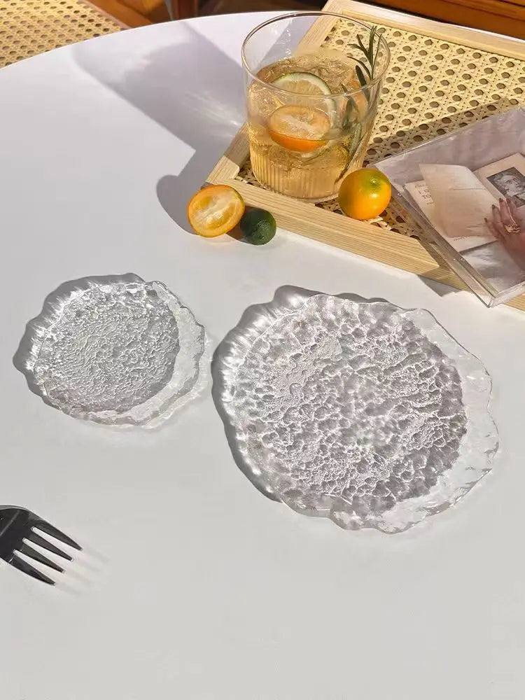 INS Glass Plates Decorative Trinket Glass Plate Japanese Sushi Platter Dessert Snack Plate Trinket Dish Teacup Mat Pad Food Tray