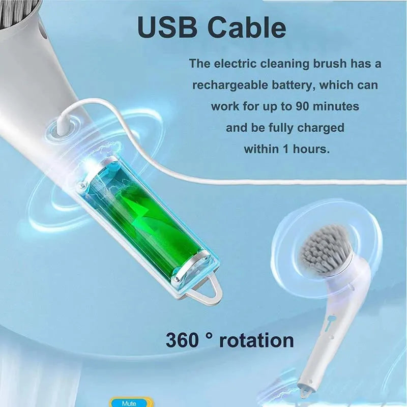 Multi-Function Five Type Brush Heads Rotation Electric Cleaning Brush Suitable For Cleaning Shoes In The Bathroom And Kitchen