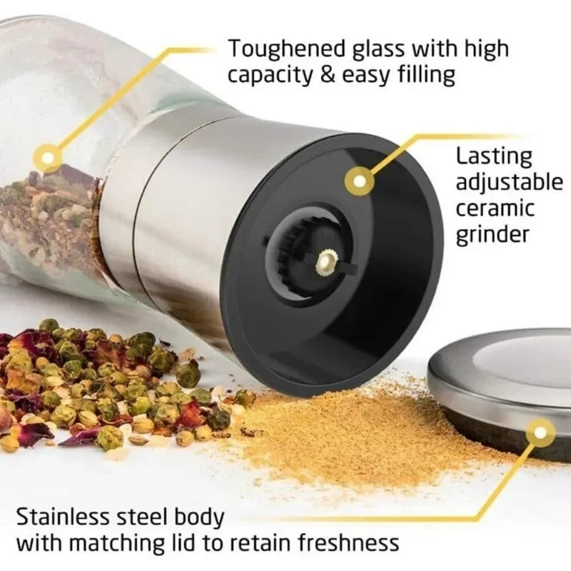 Salt and Pepper Grinder Set , Salt and Pepper Grinder Set, Stainless Steel and Glass Body Shakers, Adjustable Coarseness  2 Pack