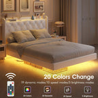 Vabches Floating Queen Bed Frame with LED Lights Upholstered PU Leather Platform Bed Frame with Power Outlet Storage Headboard