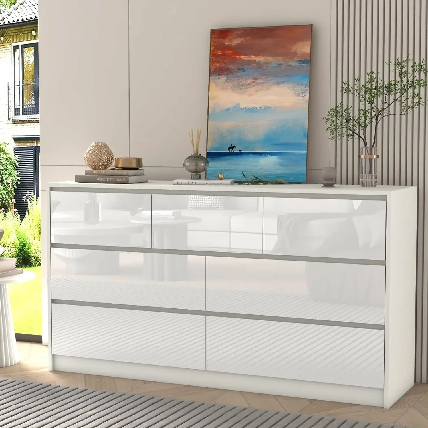 White Malm Dresser for Bedroom, 55 Inch Long Dresser High Gloss Dresser with 7 Drawers, Modern Large Wood Chest , White