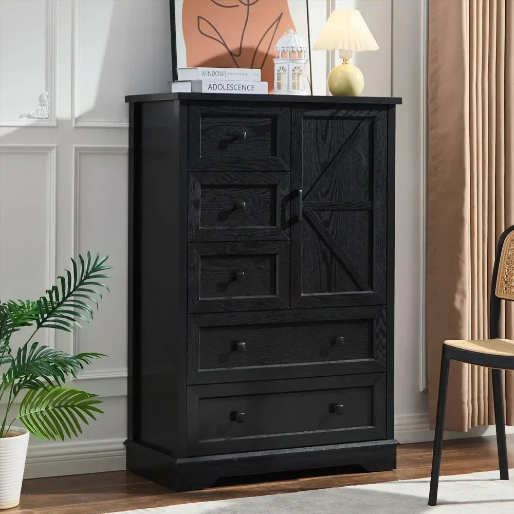 Dresser for Bedroom, 5 Drawer Wood Dresser, Black Dresser Farmhouse Dressers with 5 Wooden Drawers and Storage Cabinet
