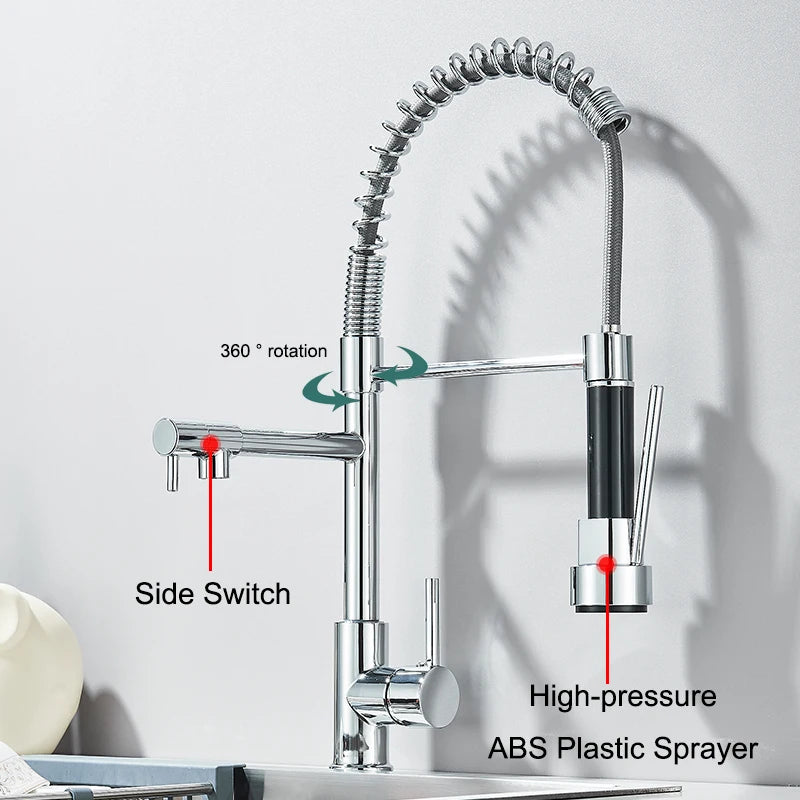 Wanmivezlo Pull Down Kitchen Sink Faucet Hot Cold Water Mixer Crane Tap with Dual Spout 360 Rotation High Faucet Deck Mounted