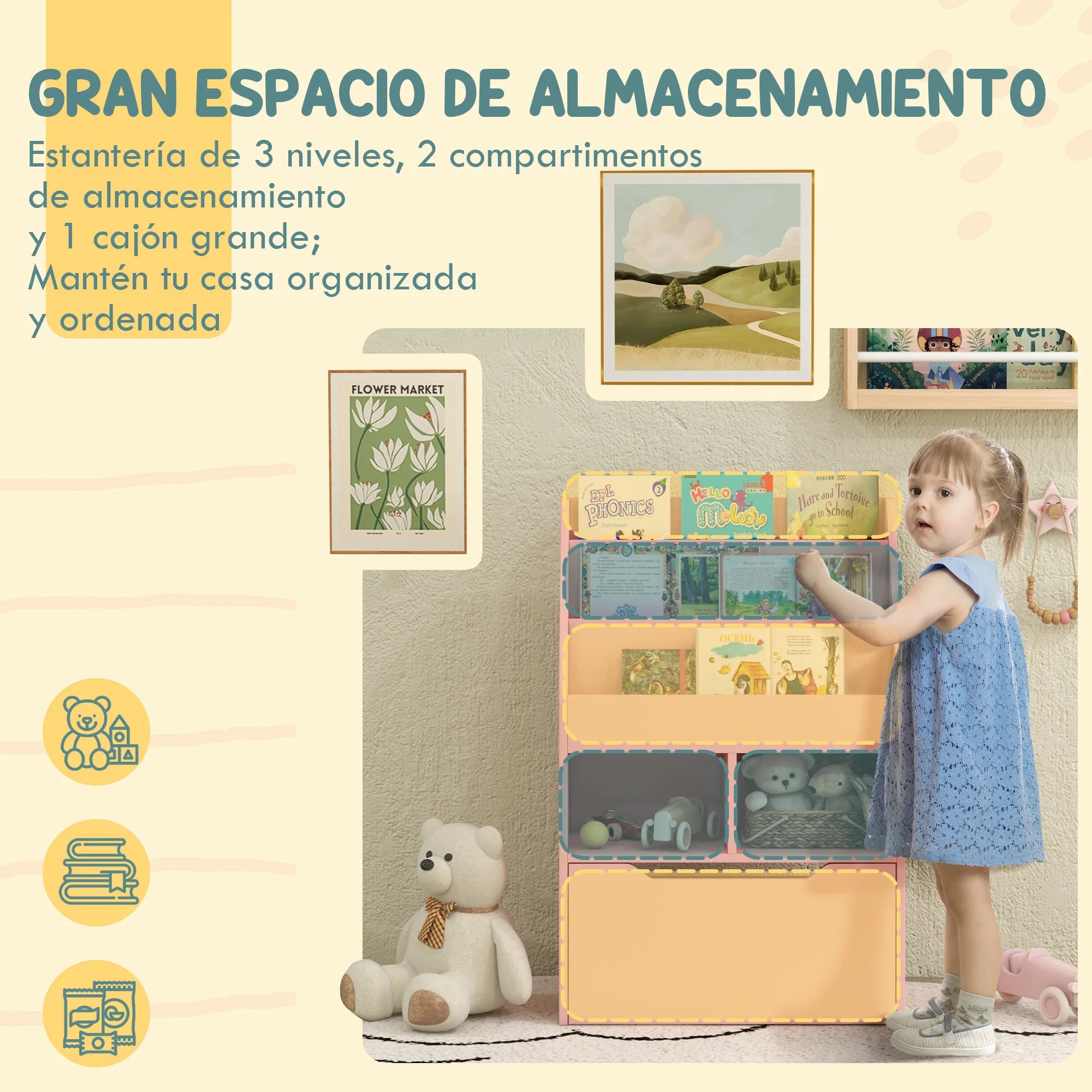 Homcom Children's Bookshelf with 3 Compartments 2 Cubes Drawer and Wheels