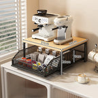 Metal and Wood Microwave Rack with Pull Out Drawer Multi Layer Countertop Kitchen Organizer for Coffee Maker Utensils and Tea