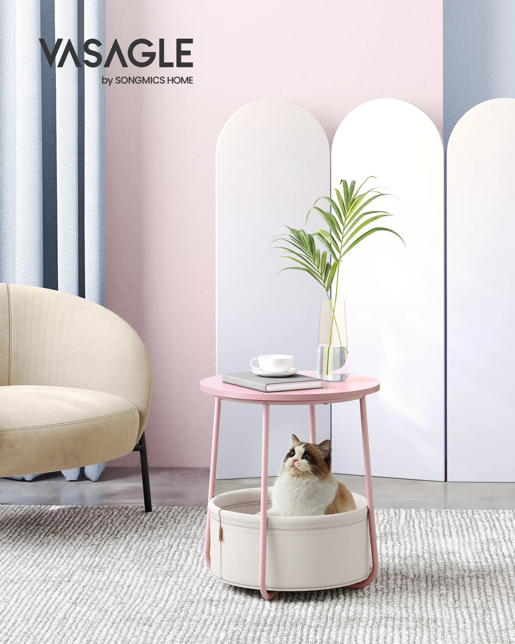 VASAGLE side table round small table coffee table small living room table with fabric basket living room storage space