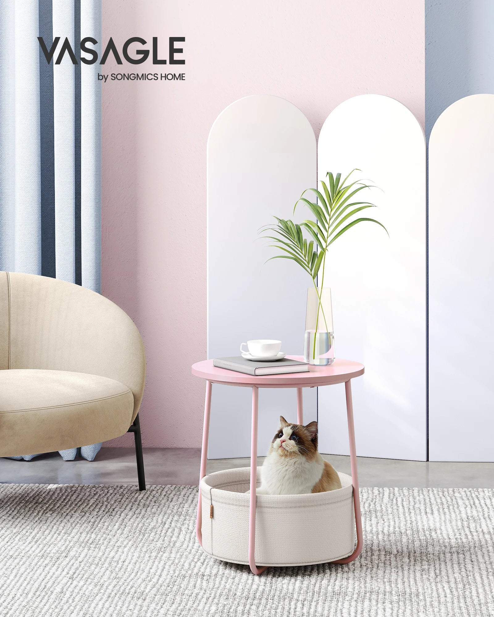 VASAGLE side table round small table coffee table small living room table with fabric basket living room storage space