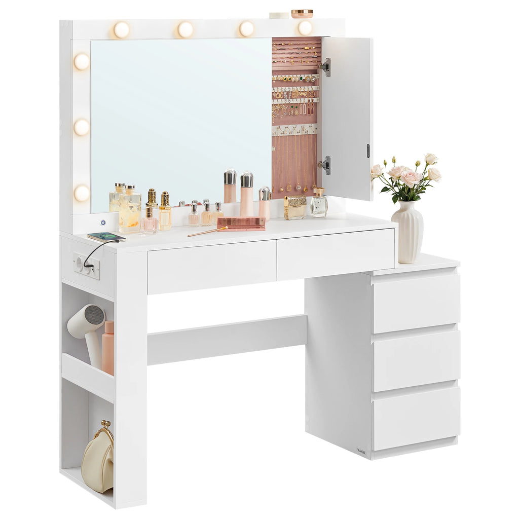 Dressing Table, Makeup Table with Drawer, Power Strip, 40 x 125 x 140 cm, Modern Design, Cloud White