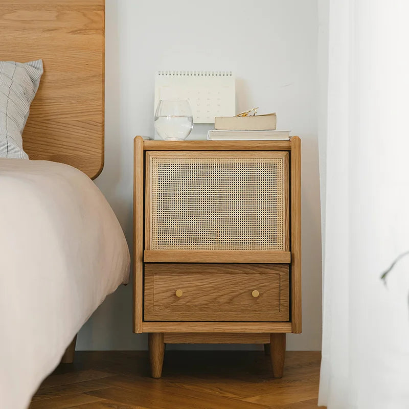 Rattan Weaving Bedroom Furniture, Bedside Table, Multifunctional Small Side Storage Cabinet, Solid Wood Night Stand Customized