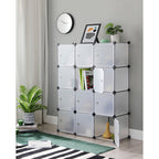 SONGMICS 12-Cube Storage Unit, Shoe Rack, Stackable Cubes, Plastic Closet Cabinet, Wardrobe, with Doors