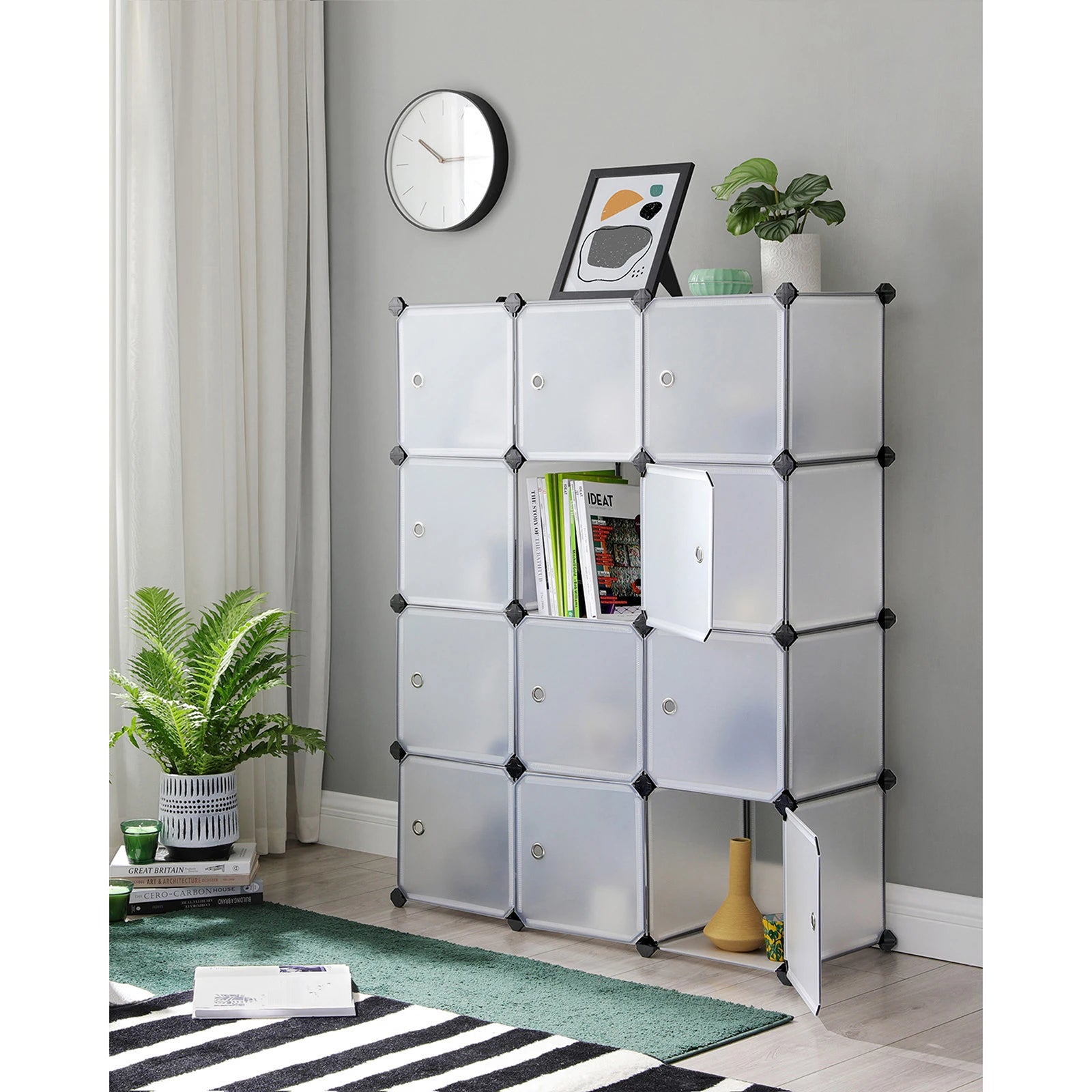 SONGMICS 12-Cube Storage Unit, Shoe Rack, Stackable Cubes, Plastic Closet Cabinet, Wardrobe, with Doors