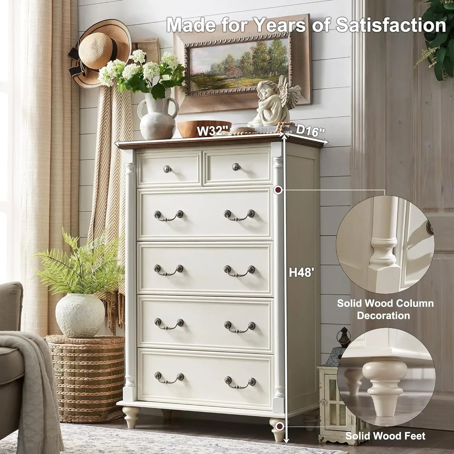 Farmhouse 6 Drawers Dresser Chests, Tall Wood Rustic Chest , Storage Organizer for Bedroom, Living Room, Nursery, Antique White