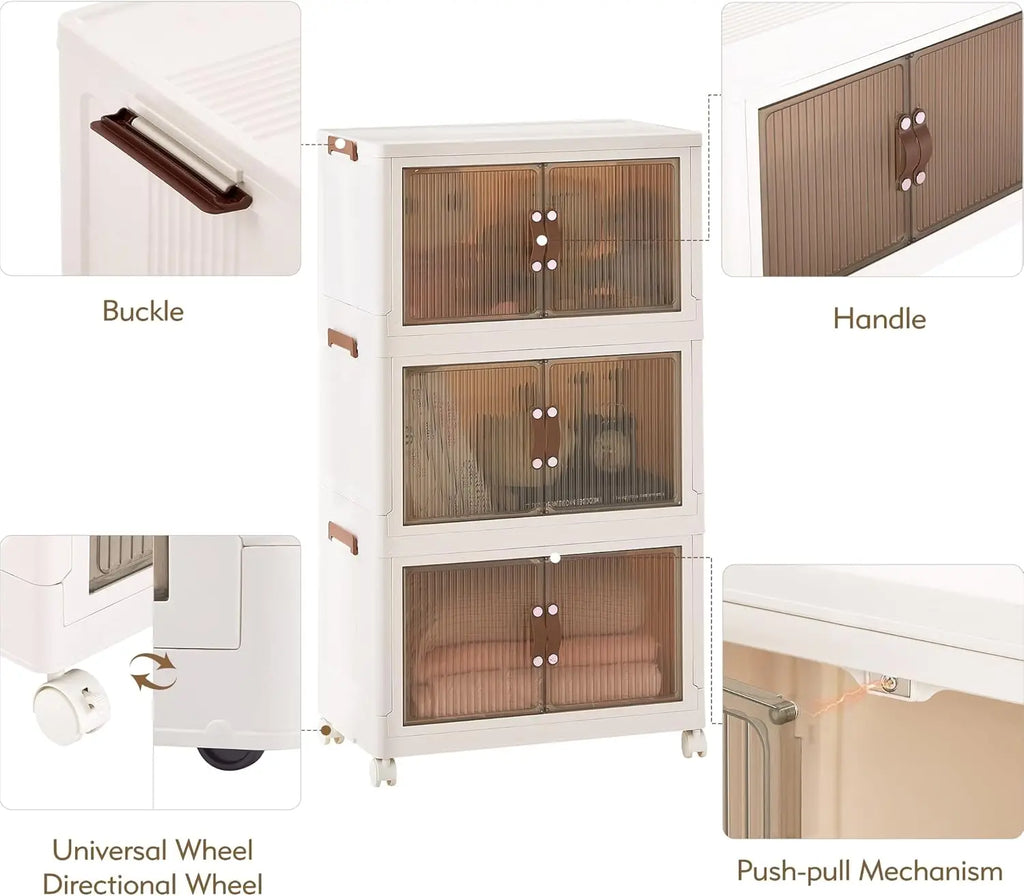 3-Tier Foldable Storage Box with Wheels, Stackable Collapsible Storage Box Portable Organizer Versatile Closet for Home/Office