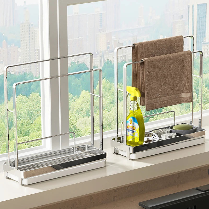 Stainless Steel Kitchen Cloth Storage Rack, Magic Organizer for Dishcloths, Water-Draining Rack for Windowsill and Sink Gaps, Narrow Towel Holder