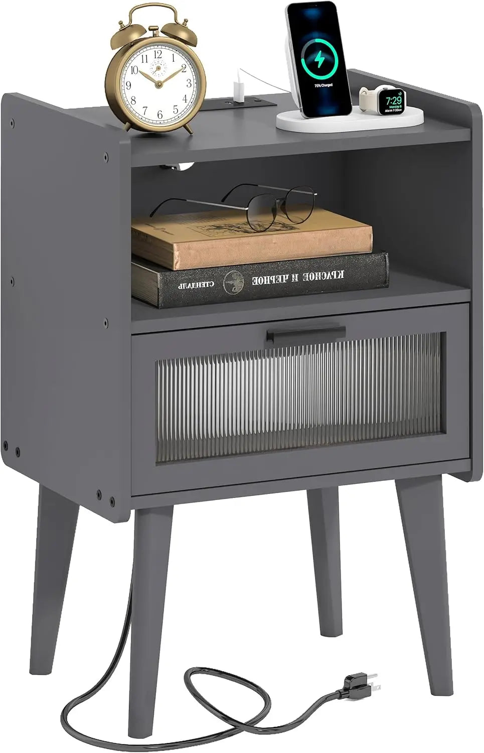 Nightstand with Charging Station, Black Wood Grain Bedside Tables, Modern End Table, Side Table with 2 Tiers Storage Space for B