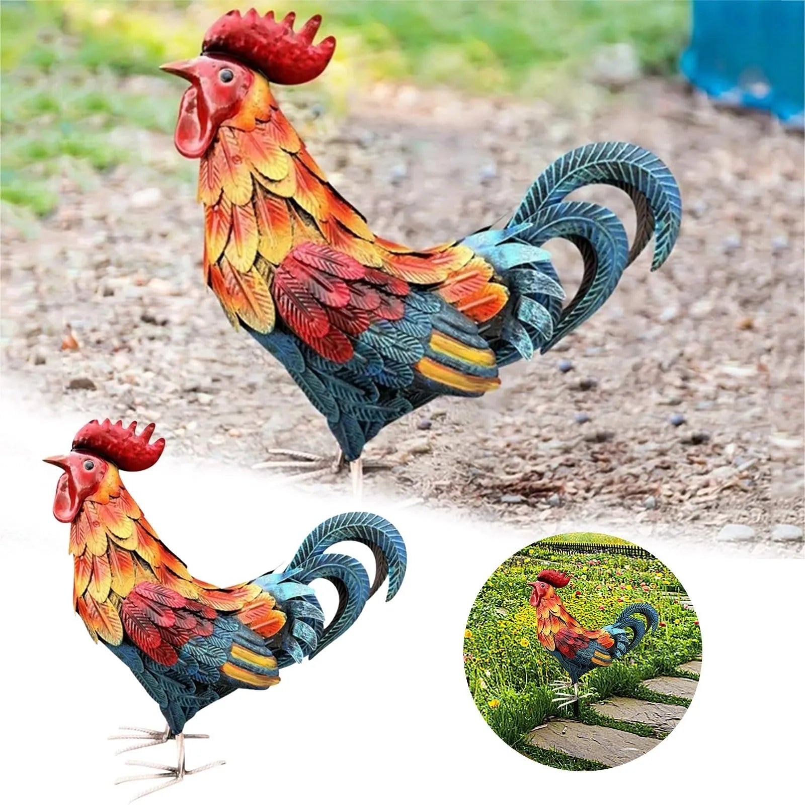 Realistic Chicken Statues Metal Rooster Animals Stakes Sculptures Decor Home Art Decor For Backyard Patio Floor Plug