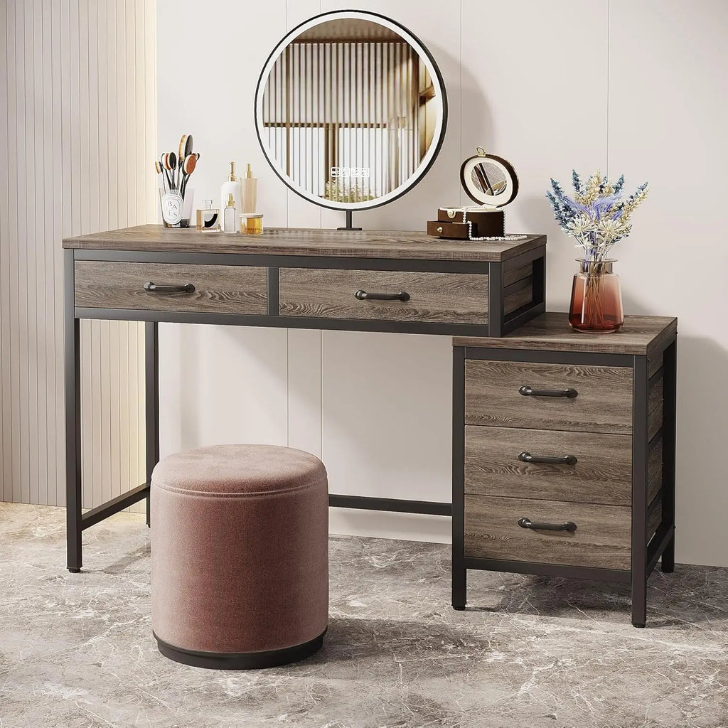 Vanity Desk with 5 Drawers, Makeup Vanity Table Dressing Table with Side 3-Drawer Chest for Women, Girls (Without Mirror)