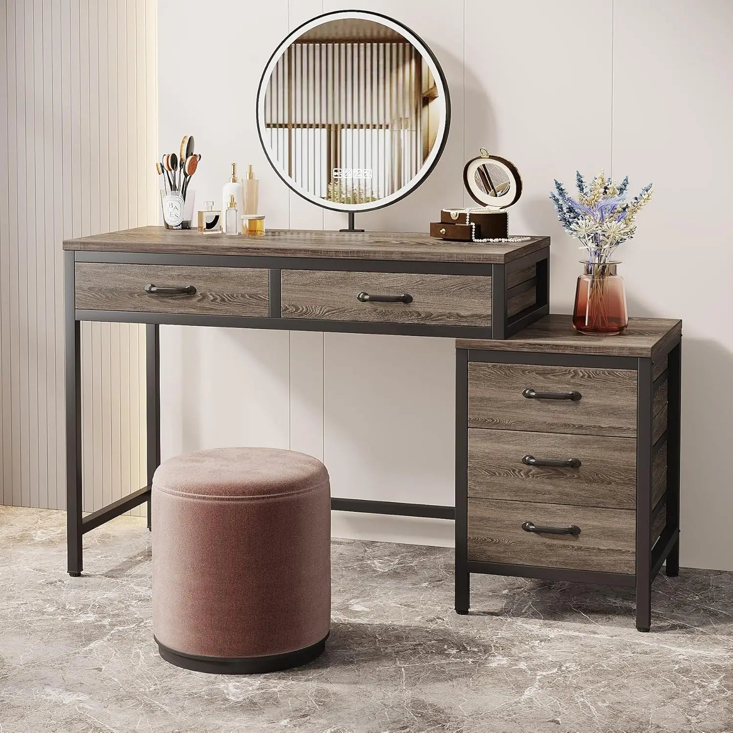 Vanity Desk with 5 Drawers, Makeup Vanity Table Dressing Table with Side 3-Drawer Chest for Women, Girls (Without Mirror)