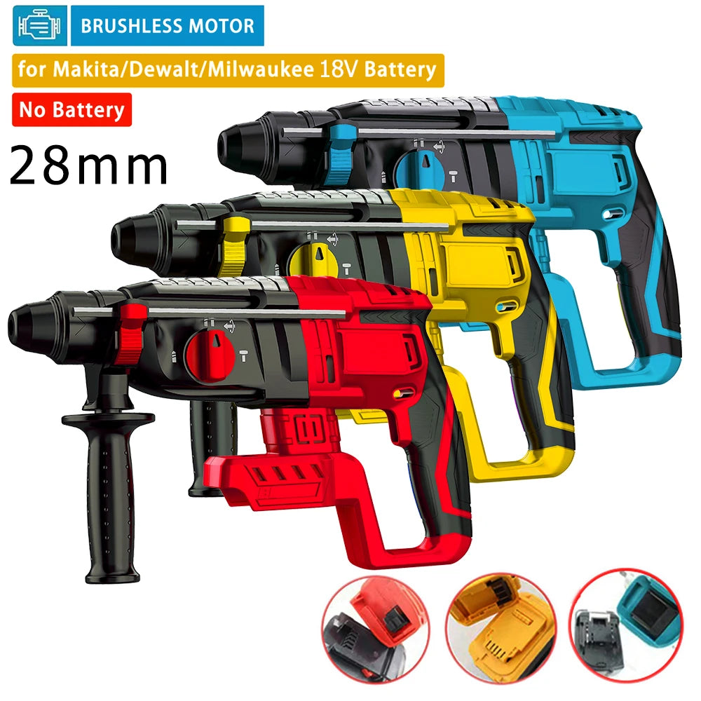 28MM Brushless Electric Hammer Drill Rotary Cordless Rechargeable Power Tools Compatible with Makita Dewalt Milw