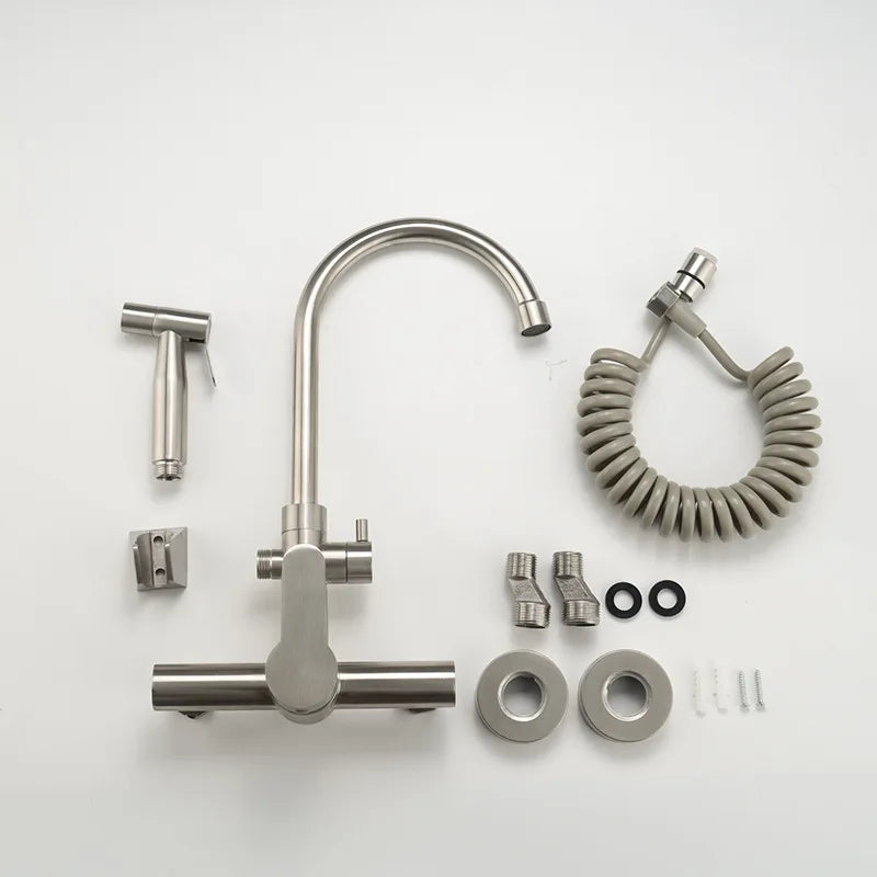 Brushed Nickel Wall Kitchen Sink Faucet with Bidet Sprayer Shower Head Stainless Steel Swivel Dual Hole Cold Hot Water Mixer Tap