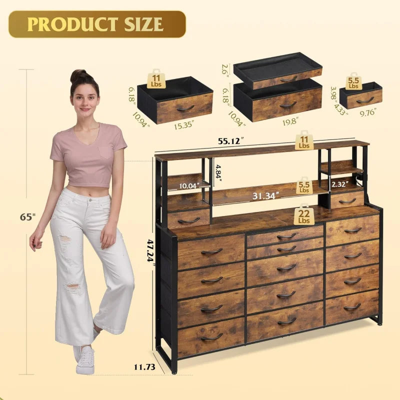 Bedroom 15 & Adjustable Shelves, Tall Dresser with Charging Station, Chest of Drawers for Closet