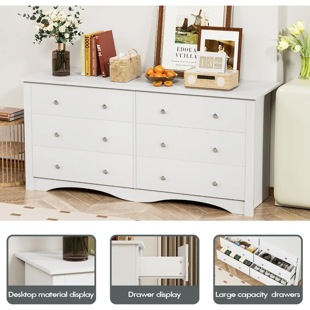 Dresser for Bedroom with 6 Drawer, Wood Wide Chest Storage Organizer and TV Stand for Living Room, Hallway, Dormitory