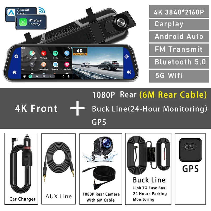 10"  Dash Cam 4K 3840*2160P Car Dvr Carplay Android Auto GPS 5G WIFI A