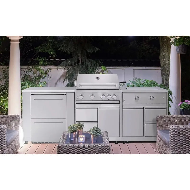 Outdoor bar kitchen setup with stainless steel doors and cabinet system