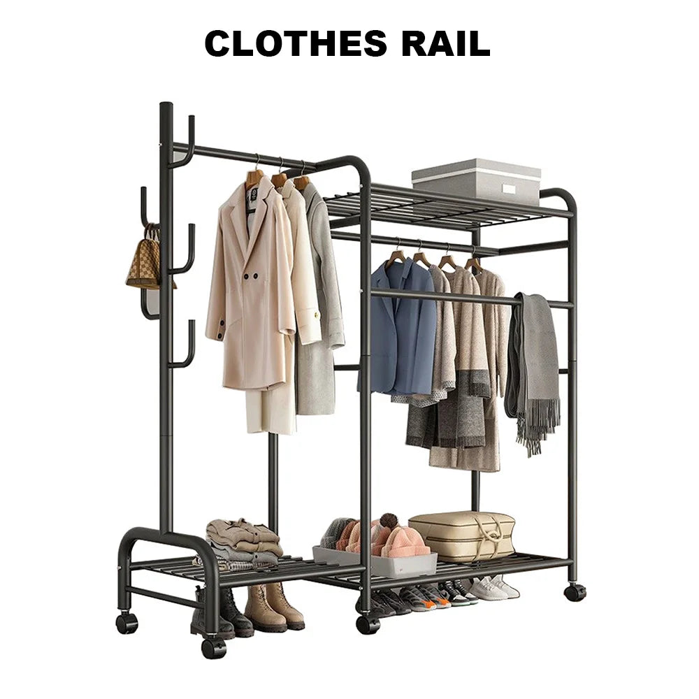 Clothes Rack Heavy Duty Coat Shelf Double-Rod Hats Clothes Rack With Hooks Hanging Clothe Organizer Floor Hangers Organizer