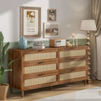 6 Drawer Double Dresser for Bedroom,Natural Rattan Modern Drawer Chest,Wooden Storage Wardrobe Dresser with Black Handles,Floor